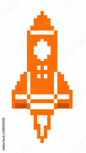 A pixelated orange rocket ship blasts off into space.