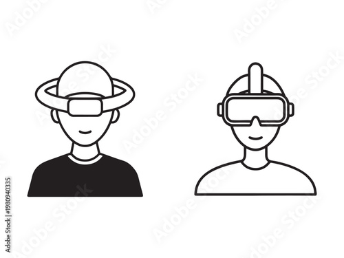 Two people wearing virtual reality headsets and futuristic goggles for gaming and technology  modern tech accessories