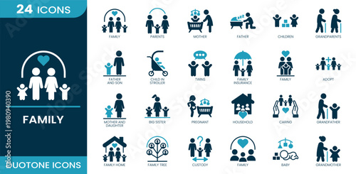 Family icon set. Parents, children, grandparents, twins, baby stroller, pregnancy, household, caring, adoption, siblings, home, baby, custody. Duotone vector icons.