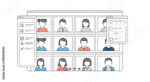 Online conference interface with multiple participants displayed in grid layout conference communication business collaboration discussion internet technology interface learning education