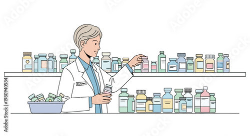 Pharmacist holding medicine bottle carefully.
