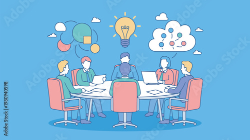 A group of diverse people sitting around a table brainstorming ideas with a lightbulb and thought cloud above them.