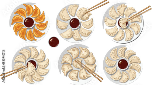 Asian Dumpling Food Set with Fried and Steamed Gyoza Plates Soy Sauce and Chopsticks Illustration Collection for Restaurant Menu Design