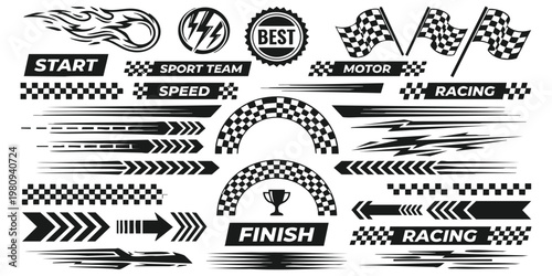 Set of black and white racing design elements featuring checkered flags, speed lines, arrows, and sport competition emblems vector illustration