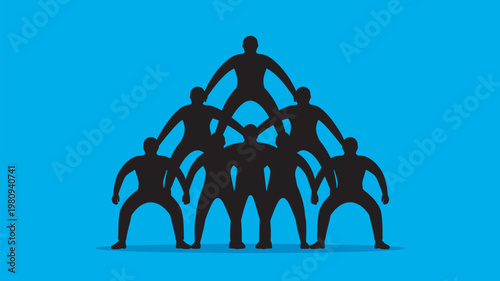 A group of people forming a human pyramid on a blue background