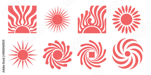 Set of abstract sun symbols and geometric radial icons in retro style vector illustration collection