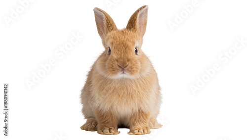 Isolated charming fluffy small brown bunny sitting attentively with upright ears facing camera