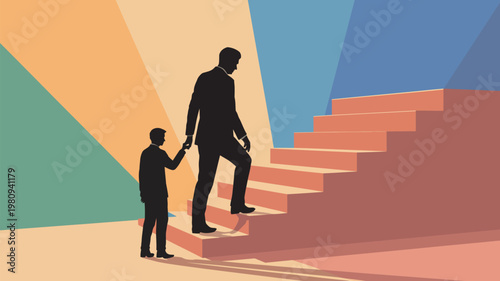 A silhouette of a man helping a child up a colorful staircase with rays of light shining behind them.