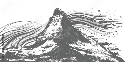 Abstract mountain landscape with dynamic flowing wind lines and digital glitch effect in monochrome vector illustration