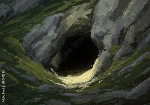 Dark cave entrance with light.