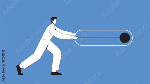 A man in a white suit pulling a large toggle button to the right on a blue background