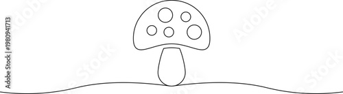 A simple line drawing of a mushroom with circles on its cap standing on a wavy line