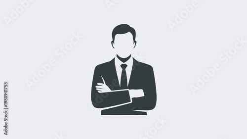 A confident businessman standing with his arms crossed in a simple black and white illustration