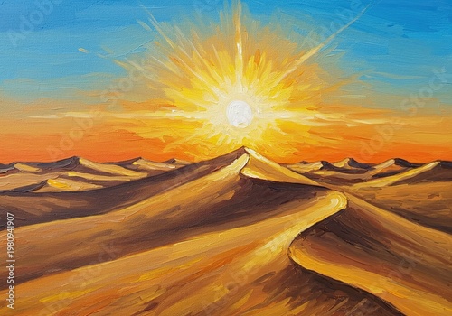 Desert Sunset Landscape with Dunes.