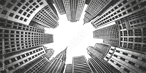 Low angle view of city skyscrapers with fisheye distortion effect black and white sketch style vector illustration