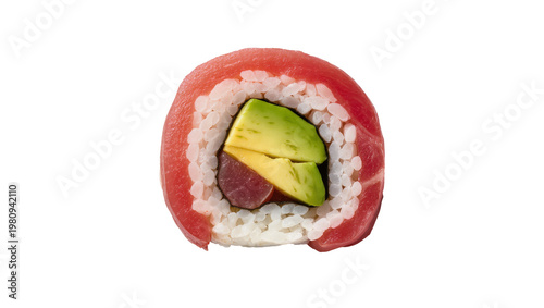 Isolated delicious fresh tuna and avocado uramaki sushi roll, healthy Japanese cuisine