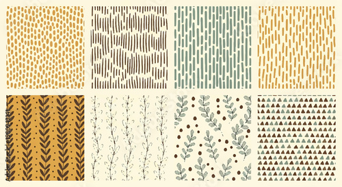 Set of hand-drawn organic patterns in earth tones with botanical background seamless illustration decorative botanicals minimalist creative collection