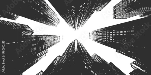 Low angle view of modern skyscraper buildings looking up at the sky black and white vector illustration