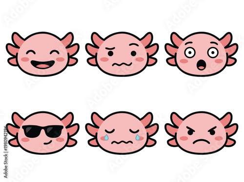 Cute Axolotl Faces Expressing Emotions.
