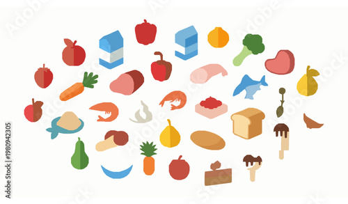 Colorful grocery food icons bundle flat vector set with fruits vegetables dairy meat seafood and desserts