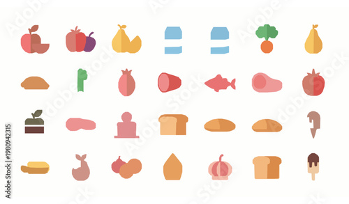 Flat food icons set supermarket groceries with fruits vegetables dairy meat bakery sweets and seafood