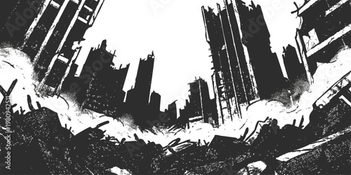 Apocalyptic ruined city landscape with destroyed skyscrapers and debris, dark cinematic post-apocalyptic urban scene vector illustration