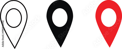 Location pin icon set collection group, map marker navigation symbol pack, GPS pointer sign, place locator icons, geotag positioning elements, outline solid flat design vector