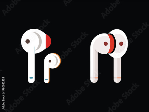 Wireless earbuds in white color with red and blue accents  electronic devices for listening to music or making calls