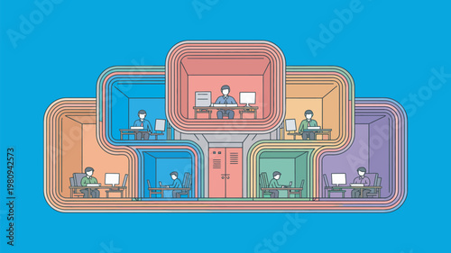 A colorful illustration of people working from home in isolated rooms during the pandemic