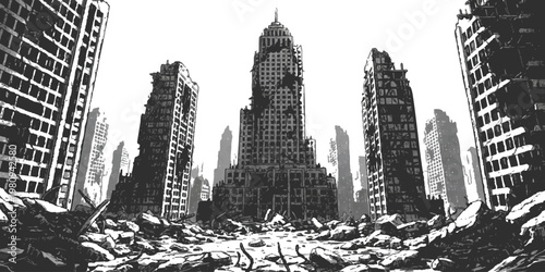 Post-apocalyptic ruined city skyline with destroyed skyscrapers in a dramatic black and white vector illustration style