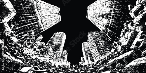 Post-apocalyptic destroyed city ruins with crumbling skyscrapers in a dark dramatic black and white vector illustration
