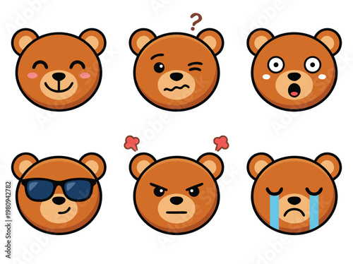Cute Bear Faces Expressing Different Emotions.