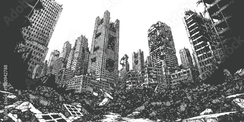 Apocalyptic ruined city landscape with destroyed skyscrapers and debris in a gritty black and white vector illustration style