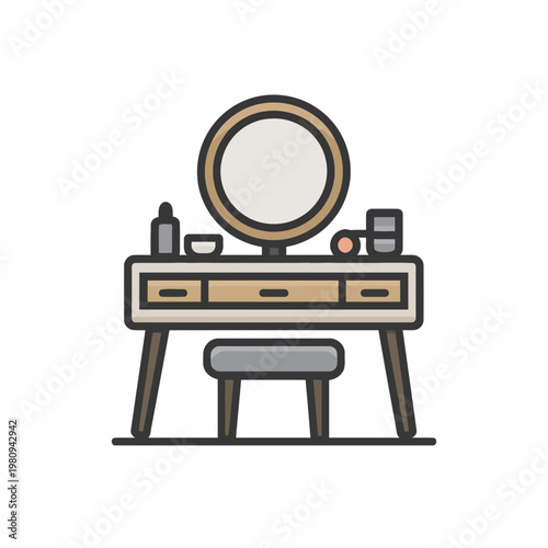 A vanity table with a stool and mirror for dressing and makeup