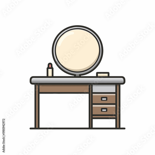 A woman's dressing table with a round mirror and cosmetics