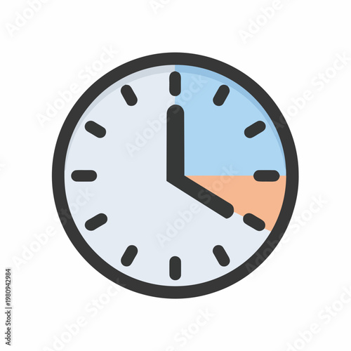 A clock displays the time with hour and minute hands on its circular face