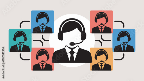 A customer service representative communicates with multiple agents through headsets and a network connection.