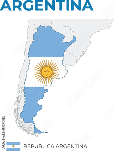 Map of Argentina superimposed with its national flag, featuring the Sun of May emblem, symbolizing national identity and heritage