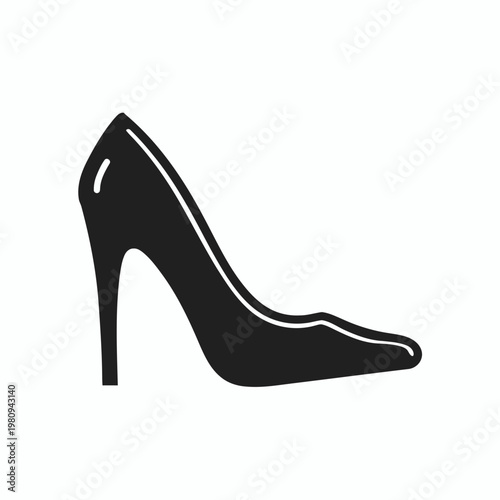 A sleek black high-heeled shoe illustration is shown sideways on a white background