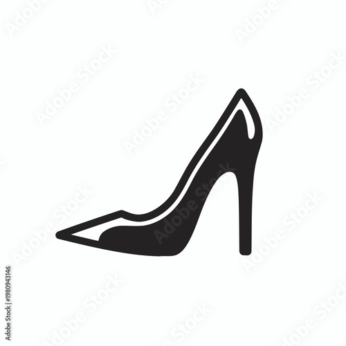 A sleek black high-heeled shoe is prominently displayed on white