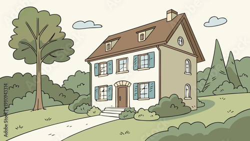 Cartoon house, suburban home, residential illustration, vector house