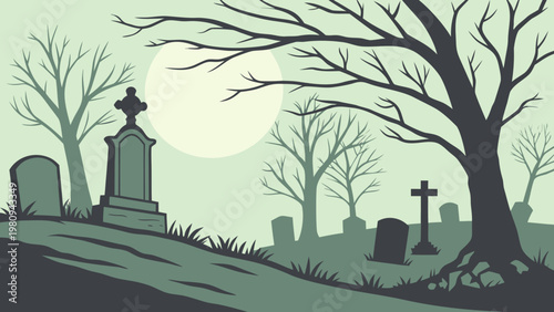 Halloween graveyard, spooky night, moonlit cemetery, vector illustration