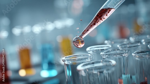 Laboratory scene with a pipette drawing red liquid into a test tube in a scientific setting