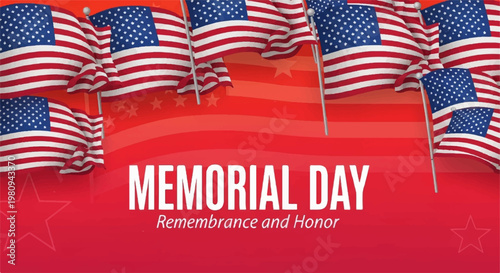 Memorial Day commemoration graphic with American flags on red background