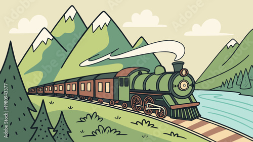 Vintage steam train, scenic mountain landscape, green locomotive, railway travel