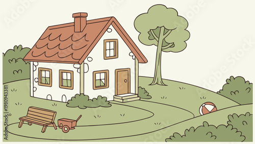 Cartoon house, suburban landscape, white building, green lawn, outdoor furniture