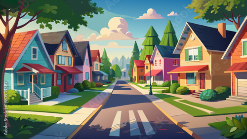 Suburban neighborhood, colorful houses, residential street, vector illustration, cartoon style