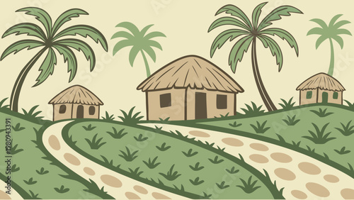 Tropical village, palm trees, hut houses, green landscape, cartoon illustration