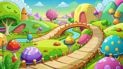 Fantasy landscape, colorful illustration, cartoon world, whimsical scenery, vector background