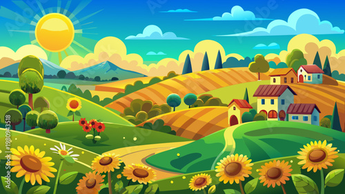 Vector sunny landscape, countryside scenery, rural hills, sunflower fields